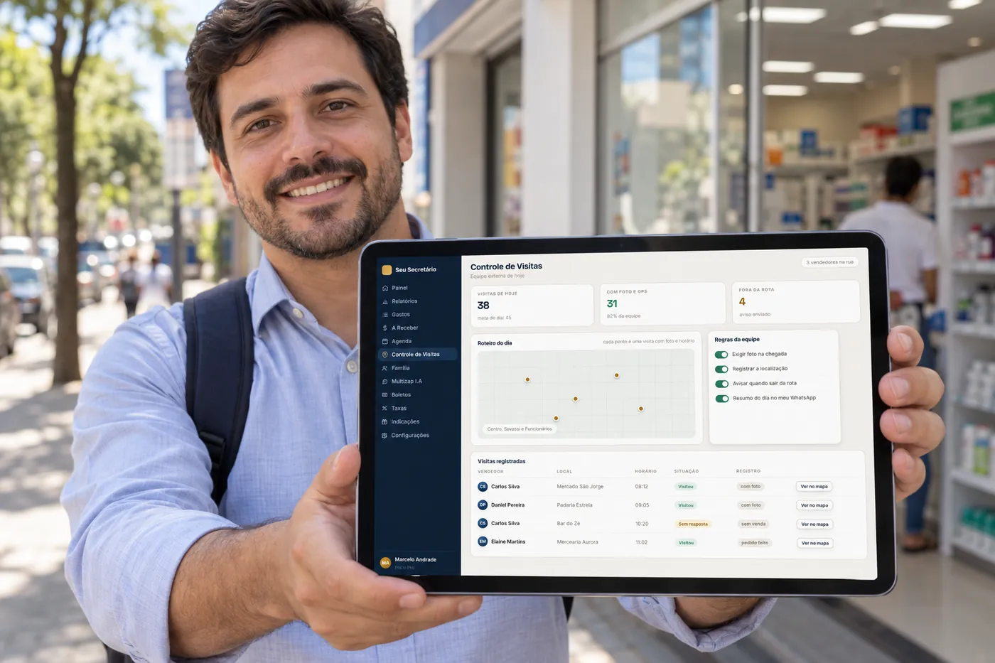 Representante comercial registra a visita no tablet em frente ao cliente